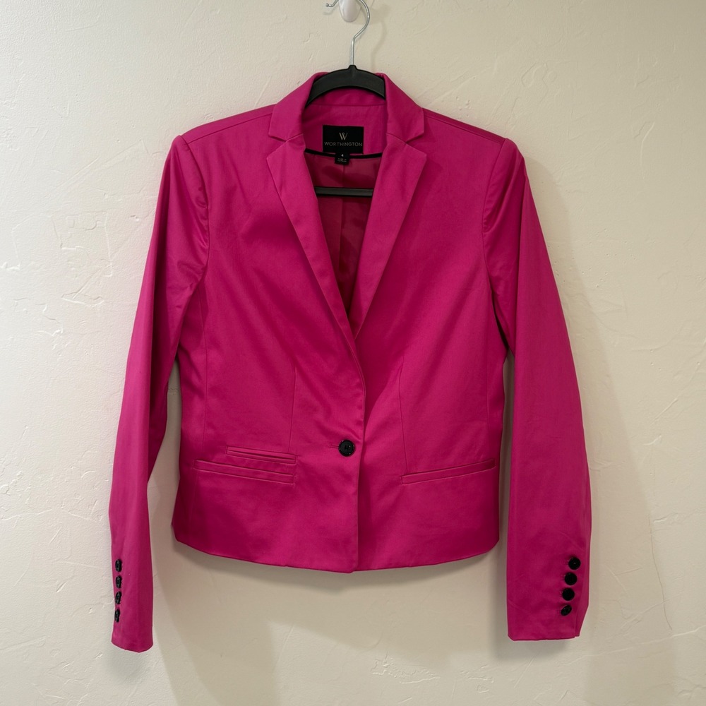 Worthington Magenta Pink One Button Blazer Jacket Cotton Blend Size 4 NWOT
